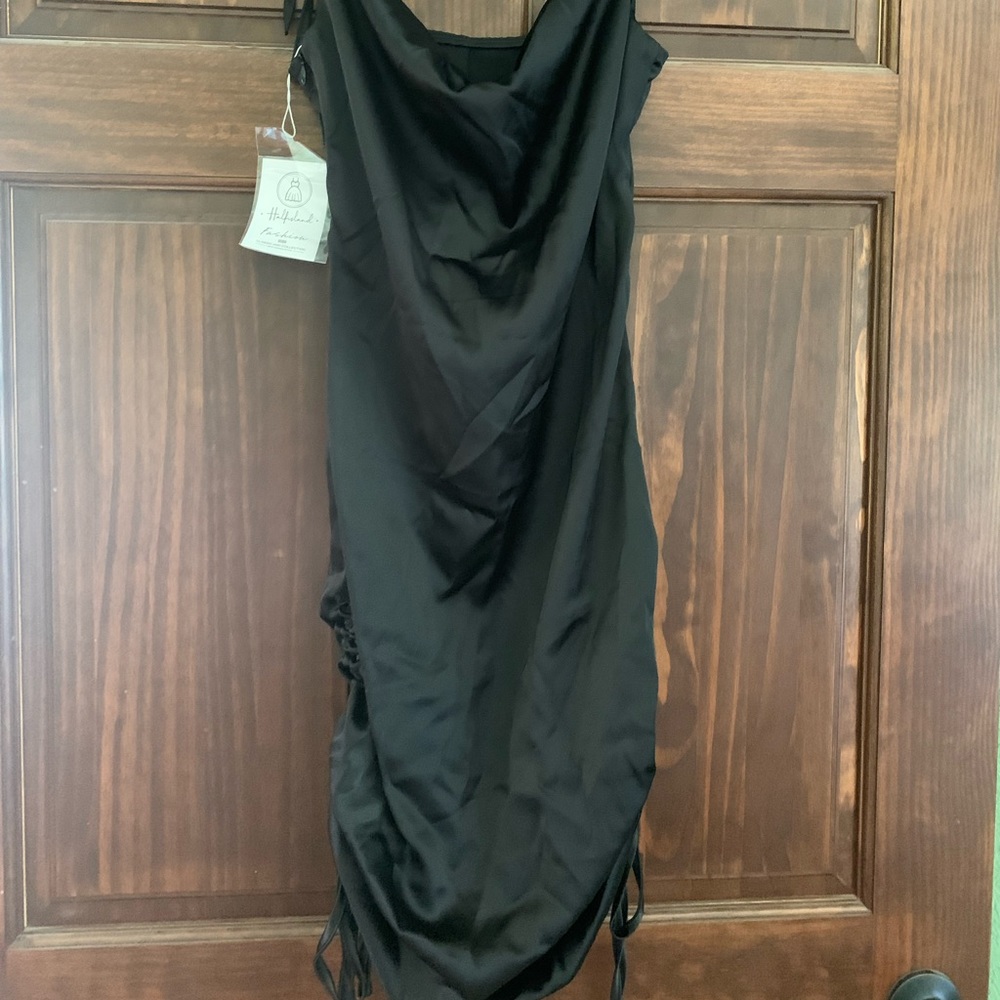 Black Satin Ruched Dress